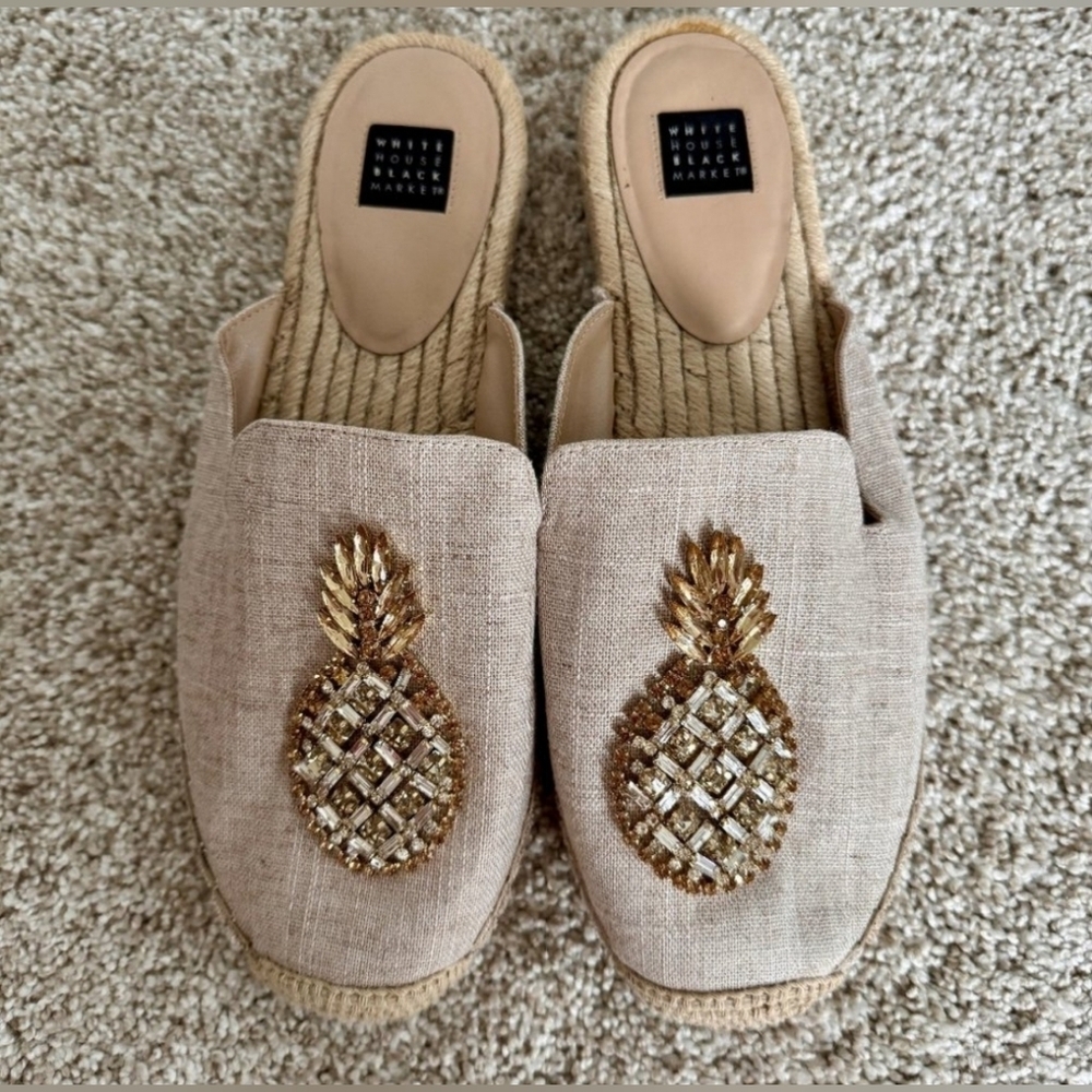WHBM Rhinestone Pineapple Espadrille Slides Tropical Fun Festival Size 10M Mules
